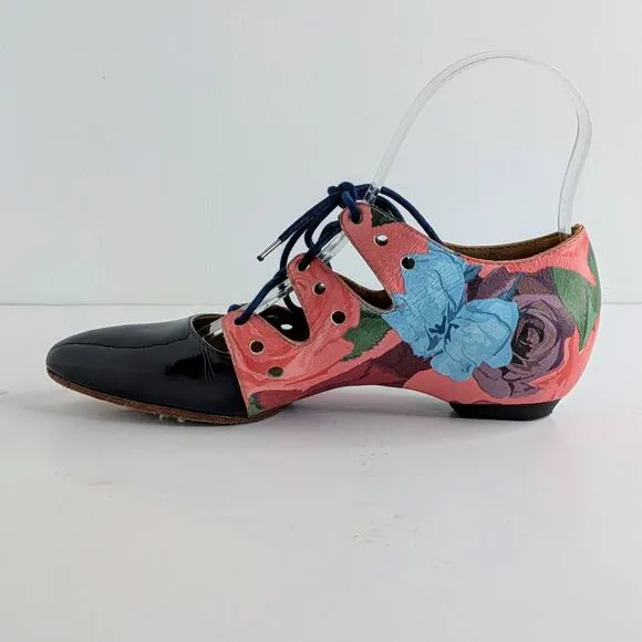 John Fluevog Shoes The Coal Womens 5 Pink Black Floral Lace Up Pointy Toe Heel