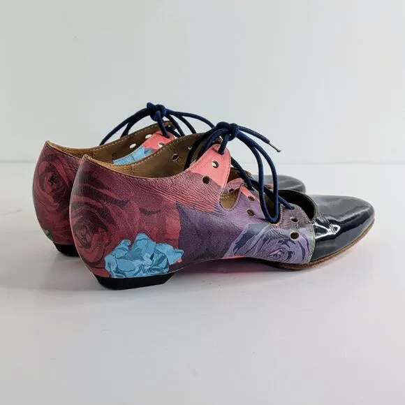 John Fluevog Shoes The Coal Womens 5 Pink Black Floral Lace Up Pointy Toe Heel