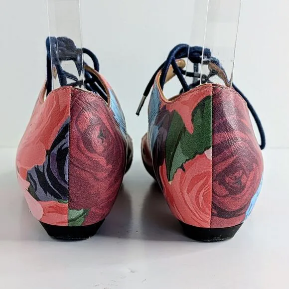 John Fluevog Shoes The Coal Womens 5 Pink Black Floral Lace Up Pointy Toe Heel