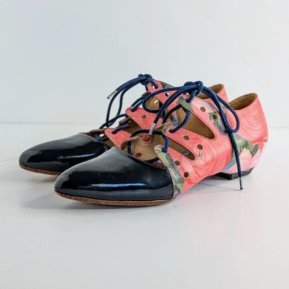 John Fluevog Shoes The Coal Womens 5 Pink Black Floral Lace Up Pointy Toe Heel