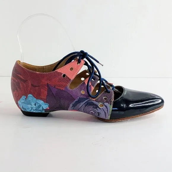 John Fluevog Shoes The Coal Womens 5 Pink Black Floral Lace Up Pointy Toe Heel