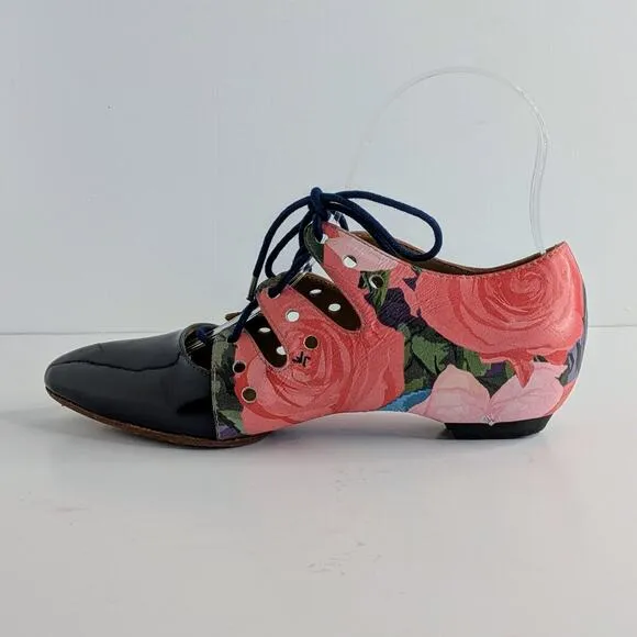 John Fluevog Shoes The Coal Womens 5 Pink Black Floral Lace Up Pointy Toe Heel
