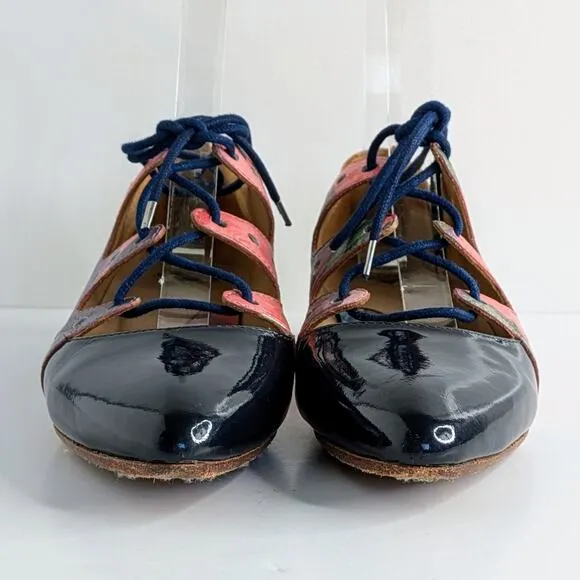 John Fluevog Shoes The Coal Womens 5 Pink Black Floral Lace Up Pointy Toe Heel