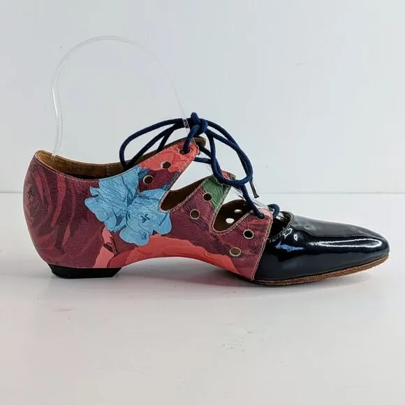 John Fluevog Shoes The Coal Womens 5 Pink Black Floral Lace Up Pointy Toe Heel