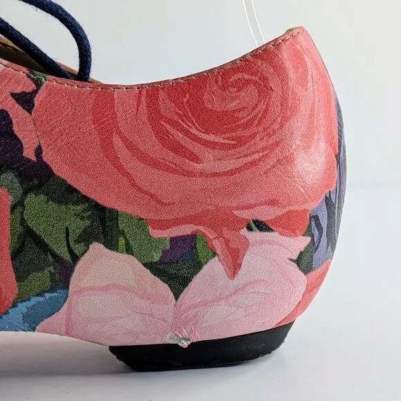 John Fluevog Shoes The Coal Womens 5 Pink Black Floral Lace Up Pointy Toe Heel