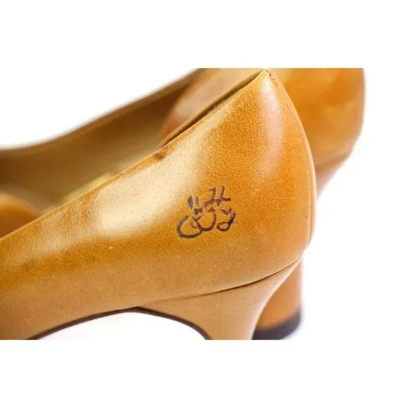 John Fluevog BROWN GOLD REAL LEATHER POINTED MID HEEL CLASSIC PUMP SHOES Sz 10
