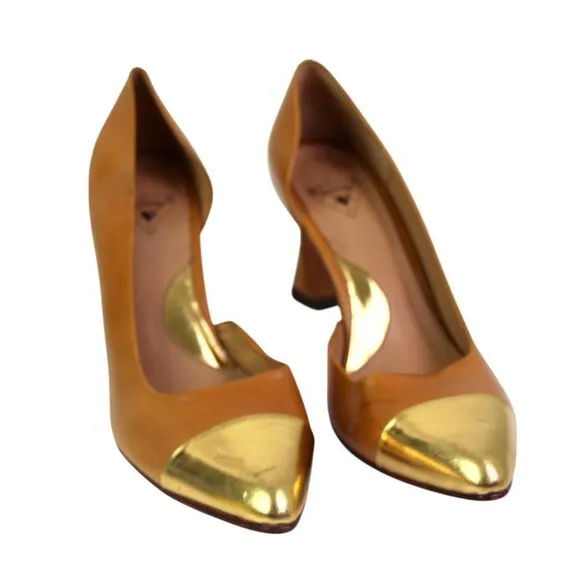 John Fluevog BROWN GOLD REAL LEATHER POINTED MID HEEL CLASSIC PUMP SHOES Sz 10