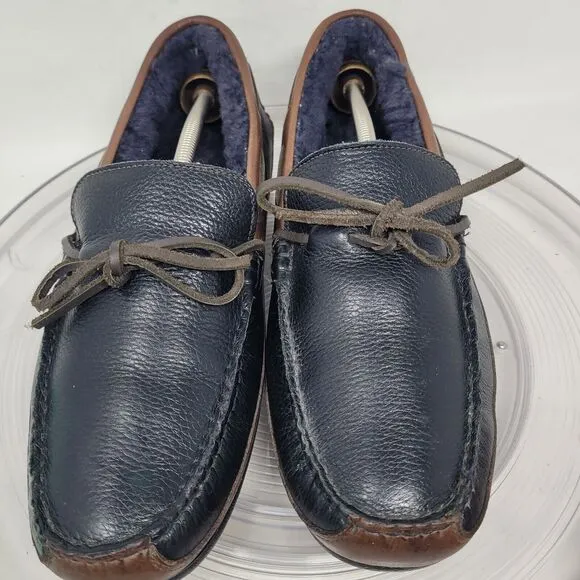 JOHNSTON &amp; MURPHY CORT SHEARLING BLACK FULL-GRAIN LEATHER DRIVING MOC Sz 9.5 99%