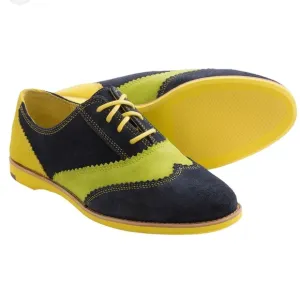 Johnston &amp; Murphy Ladies Derby Oxford Shoes Blue Yellow Lime Green Suede Size 7