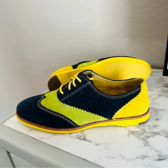 Johnston &amp; Murphy Ladies Derby Oxford Shoes Blue Yellow Lime Green Suede Size 7