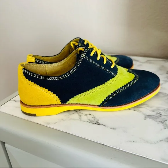 Johnston &amp; Murphy Ladies Derby Oxford Shoes Blue Yellow Lime Green Suede Size 7
