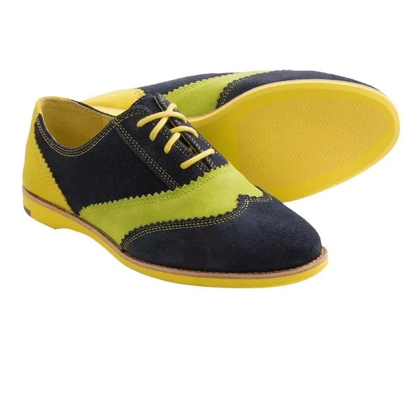 Johnston &amp; Murphy Ladies Derby Oxford Shoes Blue Yellow Lime Green Suede Size 7