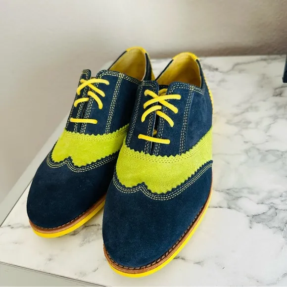 Johnston &amp; Murphy Ladies Derby Oxford Shoes Blue Yellow Lime Green Suede Size 7