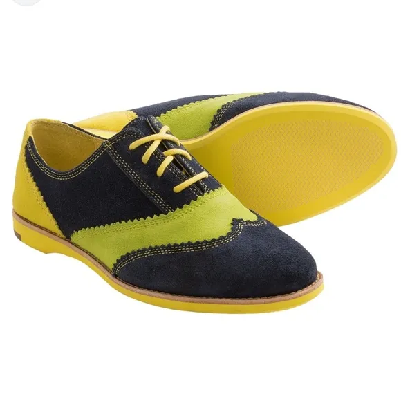 Johnston &amp; Murphy Ladies Derby Oxford Shoes Blue Yellow Lime Green Suede Size 7