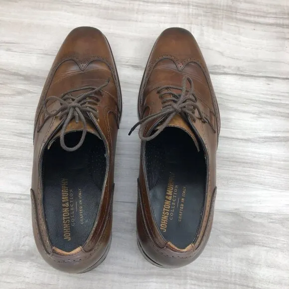 Johnston &amp; Murphy Oxfords Mens 9.5M Brown Leather Lace Up Wingtip Derby Shoes
