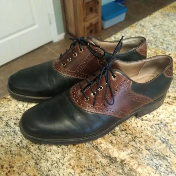 Johnston Murphy Oxford Saddle Two Tone Black Brown Leather Lace Up Shoes 9M