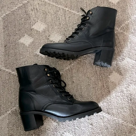 Joie Bridgette Black Leather Heeled Combat Boots Size 6.5
