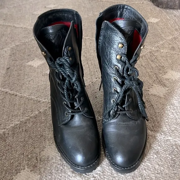 Joie Bridgette Black Leather Heeled Combat Boots Size 6.5