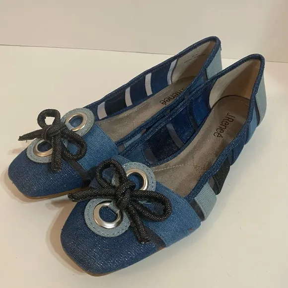 J.Reneé Blue Denim Multi Color Block Flats with Bow Accent Size 9.5 M