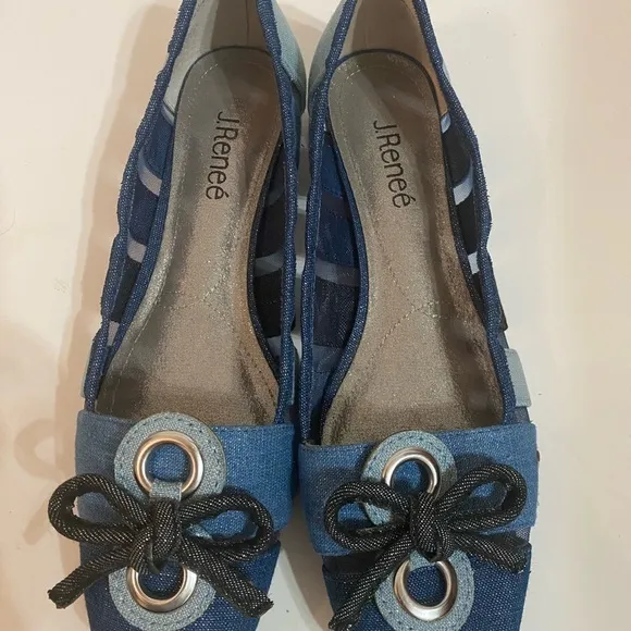 J.Reneé Blue Denim Multi Color Block Flats with Bow Accent Size 9.5 M