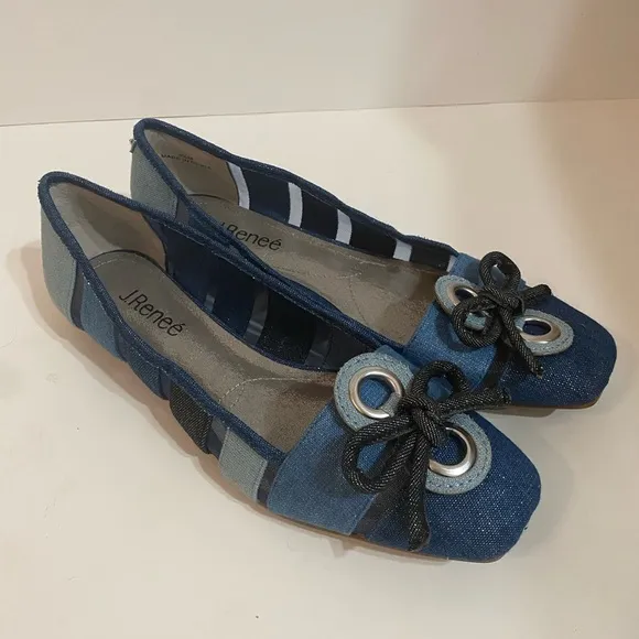 J.Reneé Blue Denim Multi Color Block Flats with Bow Accent Size 9.5 M