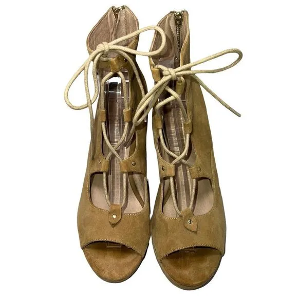 J/SLIDES Tan Caged Lace Up Platform Wedges Size 10 Suede Microfiber.