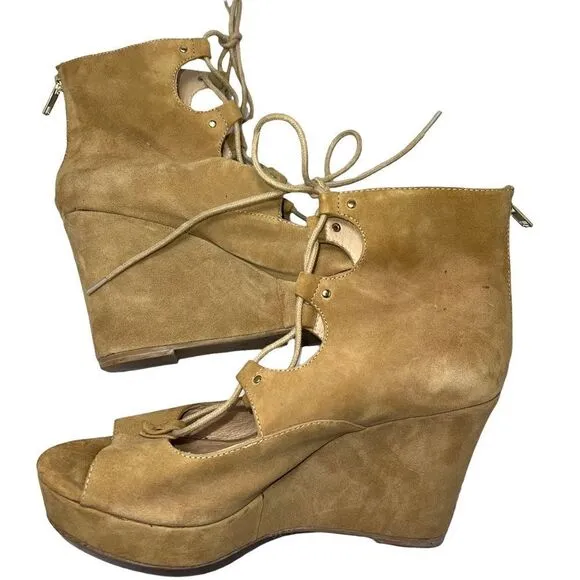 J/SLIDES Tan Caged Lace Up Platform Wedges Size 10 Suede Microfiber.