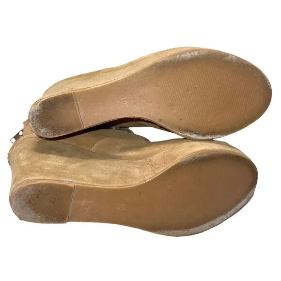 J/SLIDES Tan Caged Lace Up Platform Wedges Size 10 Suede Microfiber.