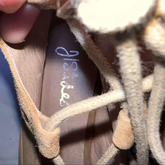J/SLIDES Tan Caged Lace Up Platform Wedges Size 10 Suede Microfiber.