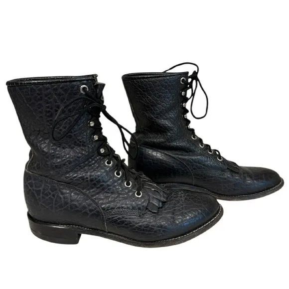Justin Vintage‎ 522 Lacer Brahma Black Western Kiltie Roper Boots Size 7.5D