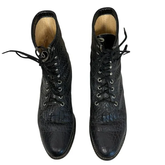 Justin Vintage‎ 522 Lacer Brahma Black Western Kiltie Roper Boots Size 7.5D