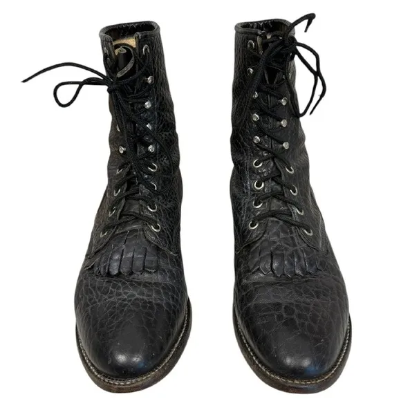 Justin Vintage‎ 522 Lacer Brahma Black Western Kiltie Roper Boots Size 7.5D