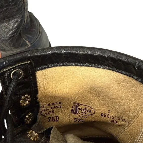 Justin Vintage‎ 522 Lacer Brahma Black Western Kiltie Roper Boots Size 7.5D