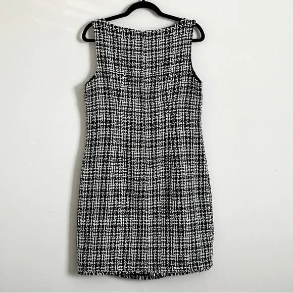 Karl Lagerfeld Black &amp; White Tweed Boat Neck Sleeveless Sheath Dress, Size 12