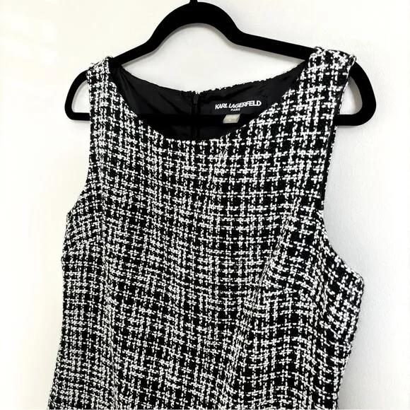 Karl Lagerfeld Black &amp; White Tweed Boat Neck Sleeveless Sheath Dress, Size 12
