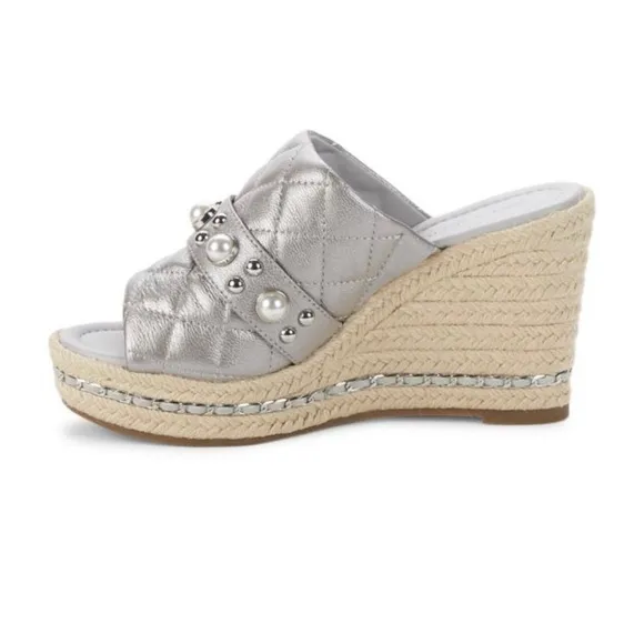 KARL LAGERFELD PARIS Camela Embellished Leather Wedge Sandals. Size 9