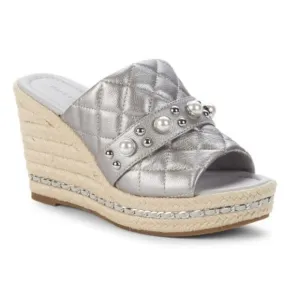 KARL LAGERFELD PARIS Camela Embellished Leather Wedge Sandals. Size 9