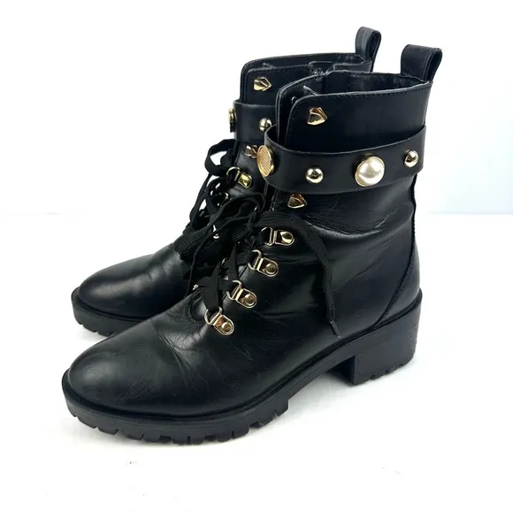 Karl Lagerfeld Paris Perry Combat Boots 7.5 Black Leather Gold Hardware Lug Sole