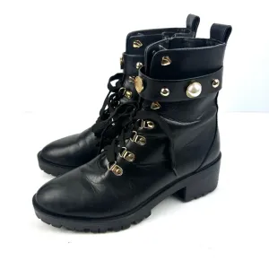 Karl Lagerfeld Paris Perry Combat Boots 7.5 Black Leather Gold Hardware Lug Sole