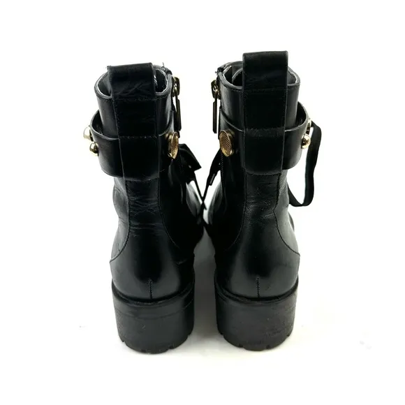 Karl Lagerfeld Paris Perry Combat Boots 7.5 Black Leather Gold Hardware Lug Sole