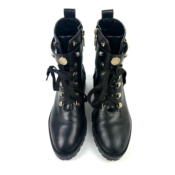 Karl Lagerfeld Paris Perry Combat Boots 7.5 Black Leather Gold Hardware Lug Sole