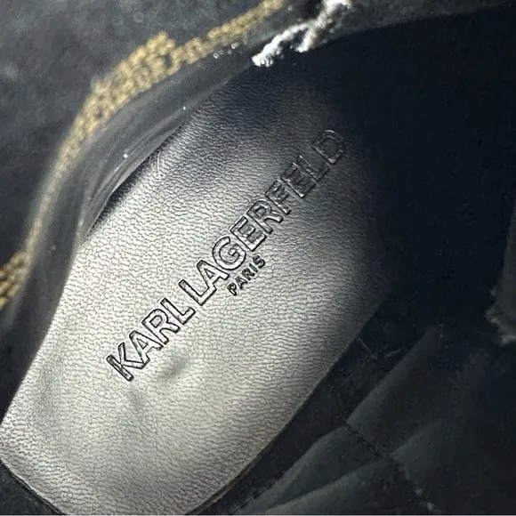 Karl Lagerfeld Paris Perry Combat Boots 7.5 Black Leather Gold Hardware Lug Sole