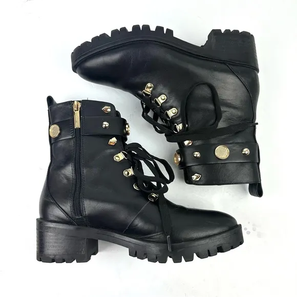 Karl Lagerfeld Paris Perry Combat Boots 7.5 Black Leather Gold Hardware Lug Sole