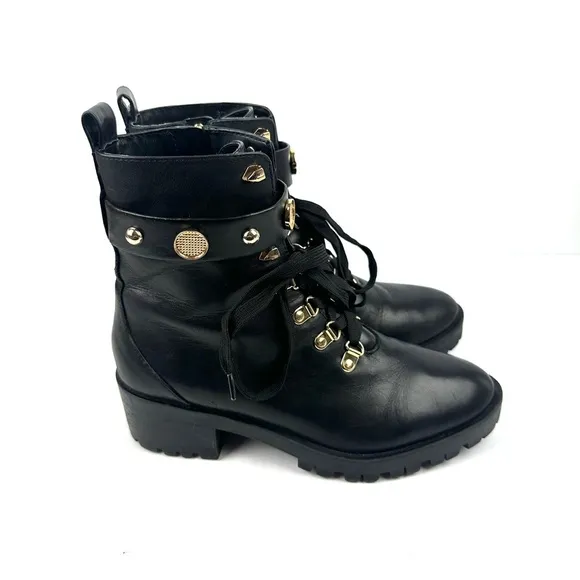 Karl Lagerfeld Paris Perry Combat Boots 7.5 Black Leather Gold Hardware Lug Sole