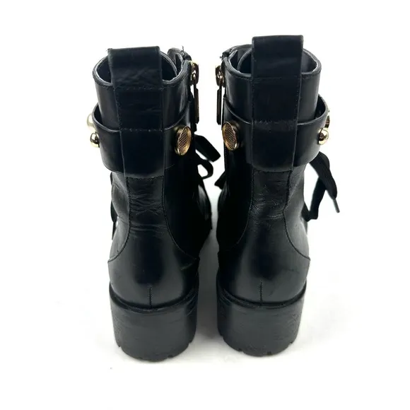 Karl Lagerfeld Paris Perry Combat Boots 7.5 Black Leather Gold Hardware Lug Sole