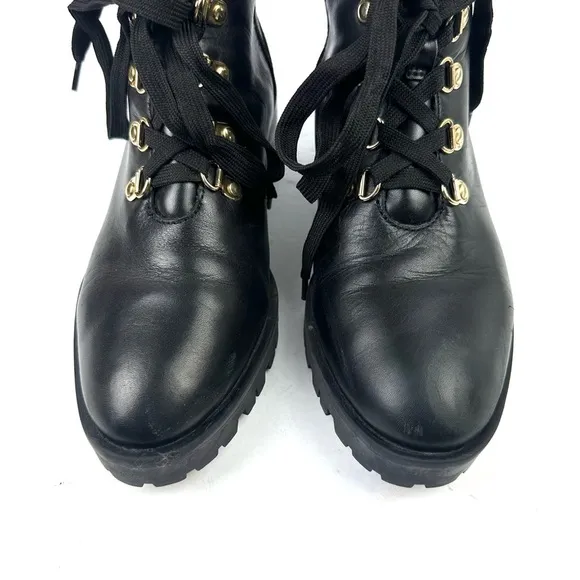 Karl Lagerfeld Paris Perry Combat Boots 7.5 Black Leather Gold Hardware Lug Sole