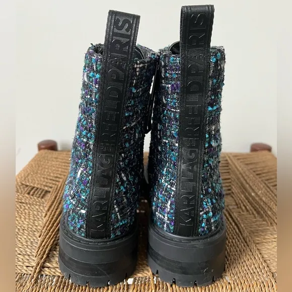 Karl Lagerfield Shoes Women’s 7 Designer Combat Boots Black Blue Tweed