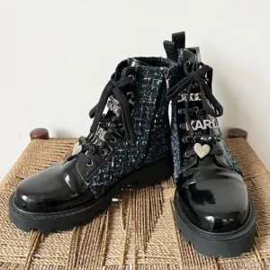 Karl Lagerfield Shoes Women’s 7 Designer Combat Boots Black Blue Tweed