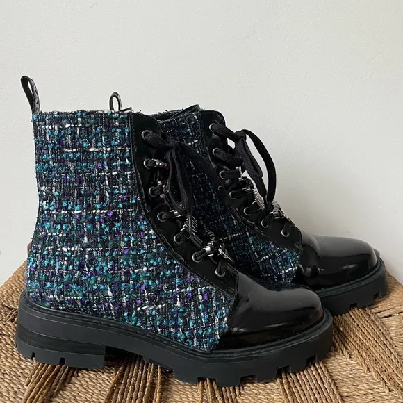 Karl Lagerfield Shoes Women’s 7 Designer Combat Boots Black Blue Tweed