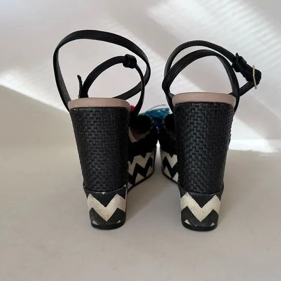 Kate Spade Delancey Pom Pom Tassle Wedges with Zig Zag Chevron Canvas 6.5